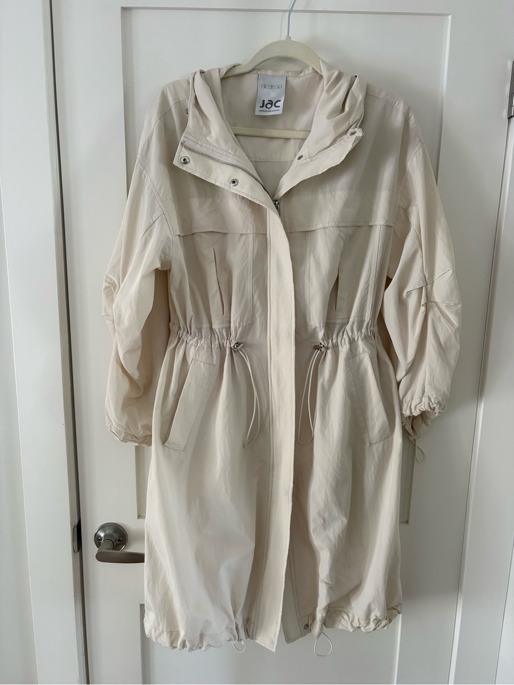 Jacqueline Conoir JAC • Cream Lightweight Trench Jacket XS Hooded Cinched toggle
